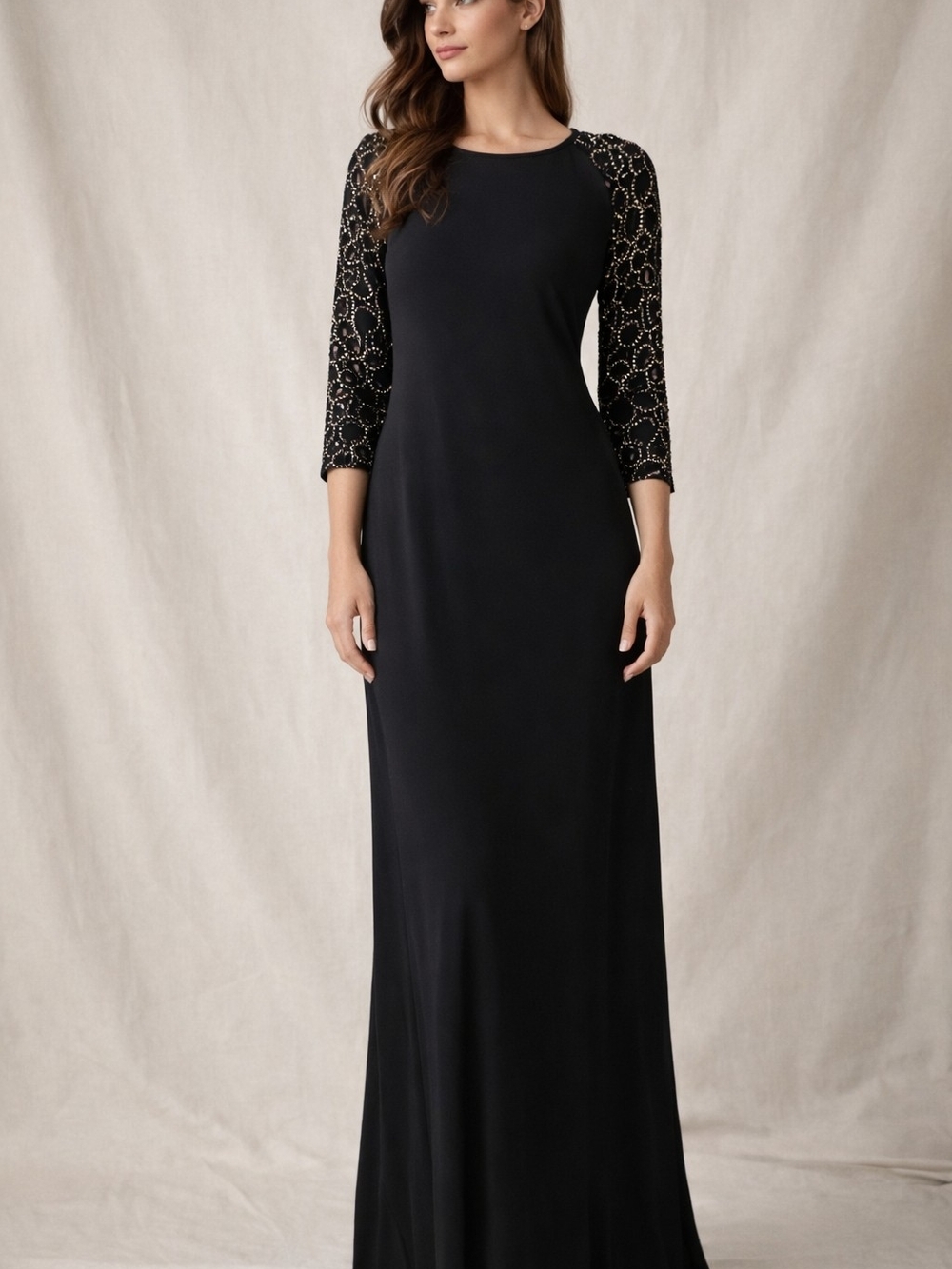 Elegant Black Evening Gown with Beaded Sleeves